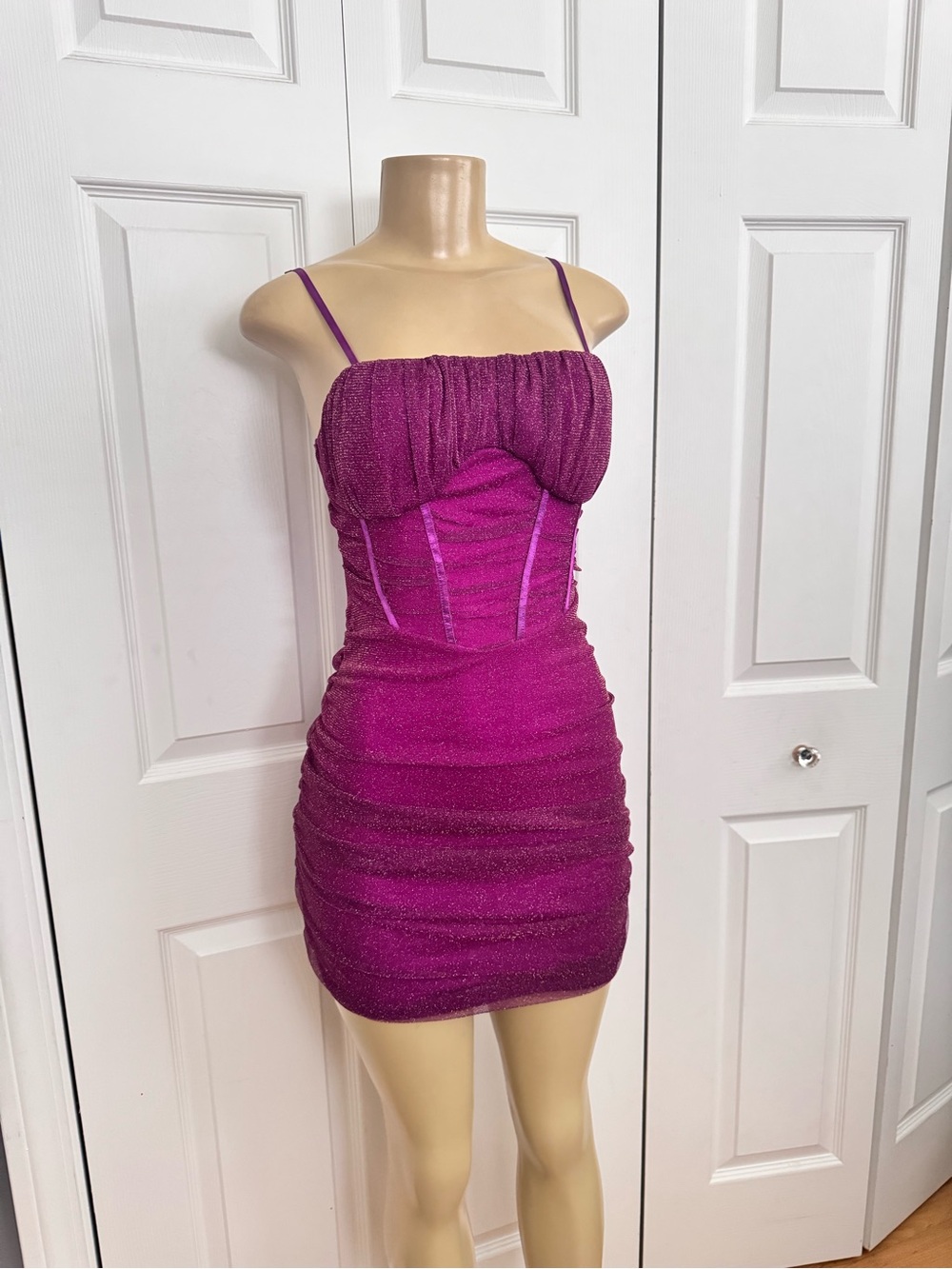 privy Magenta Shimmer Ruched Spaghetti Strap Mini Dress